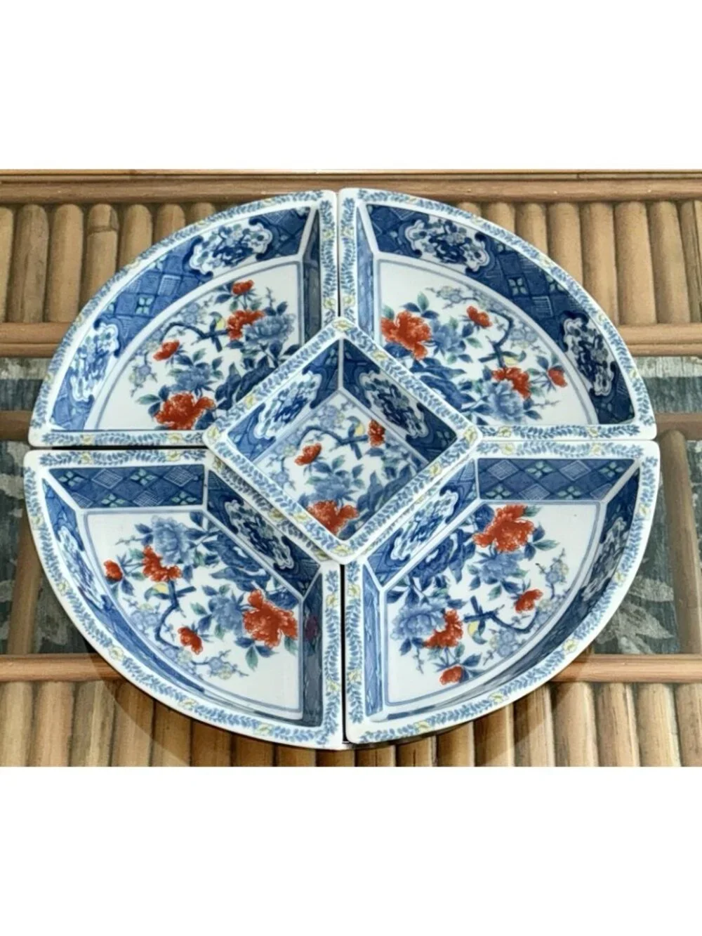 Chinoiserie Blue & White 5 Section Lazy Susan Serving Carousel Imari Porcelain